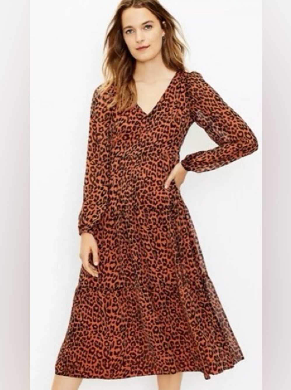 LOFT Rust Leopard Print V-Neck Maxi Dress